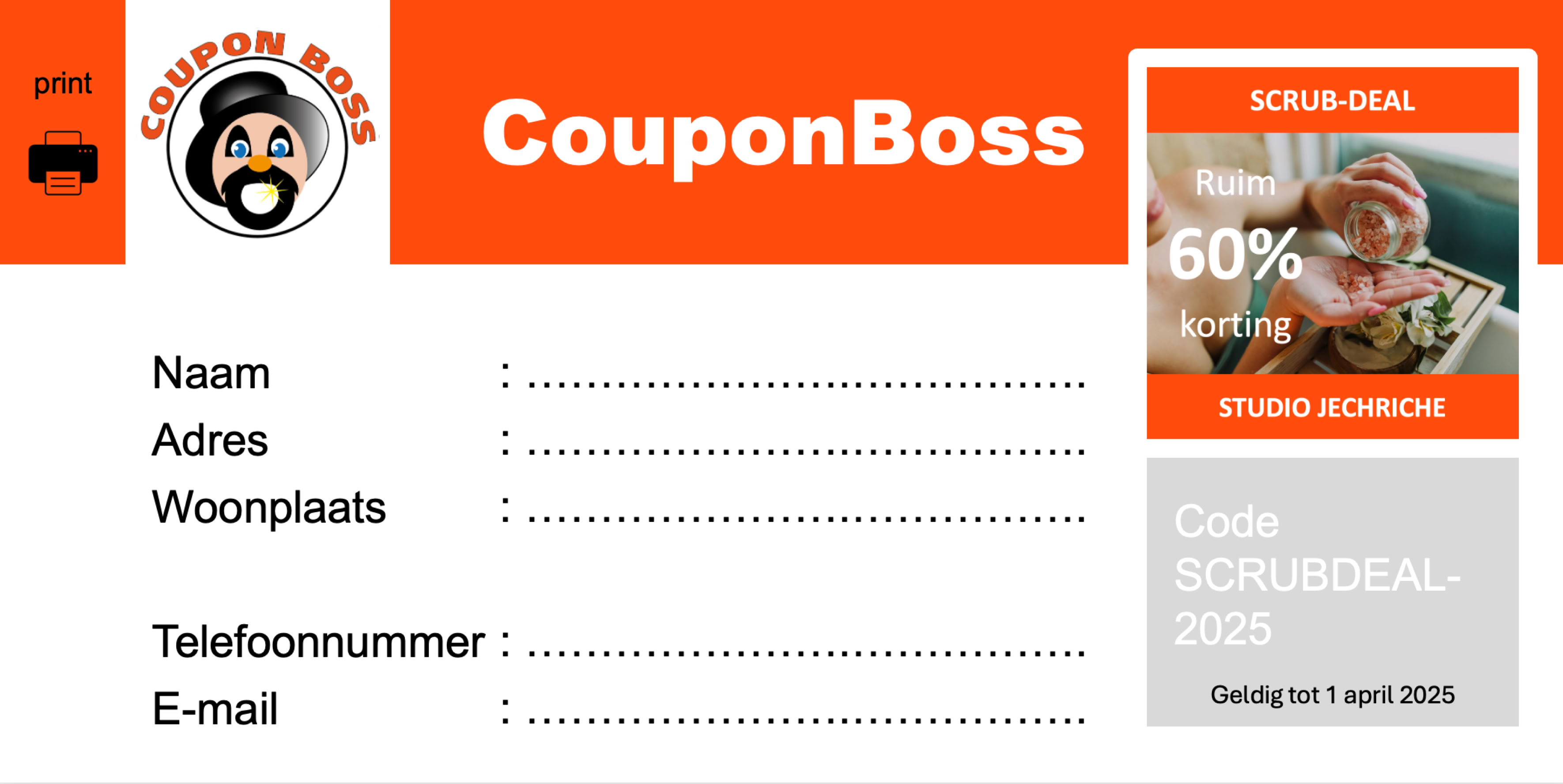 Coupon met couponcode voor een 60% korting op een scrubbehandeling bij Studio JeChriChe uit Almere.